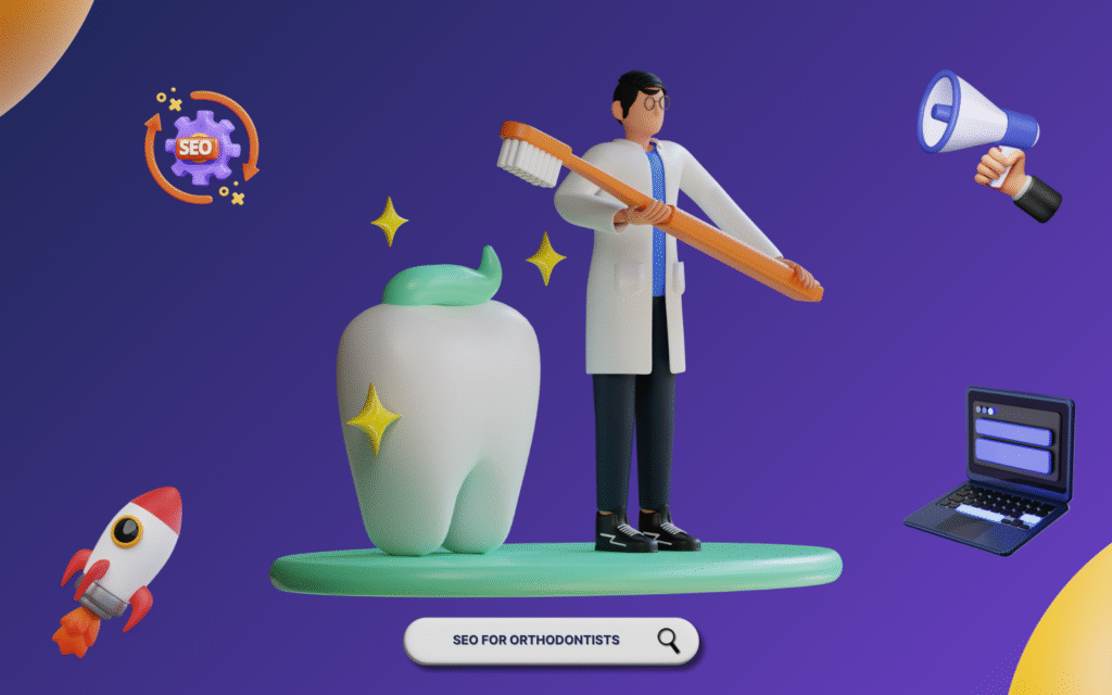 SEO for orthodontists guide with dentist holding toothbrush and dental SEO tools