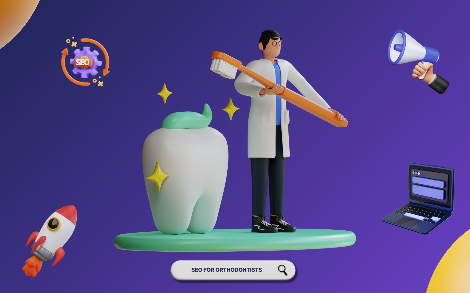 SEO for orthodontists guide with dentist holding toothbrush and dental SEO tools