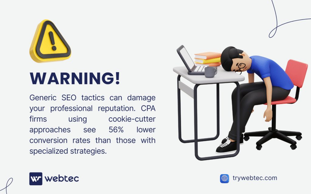 SEO for Accountants: How Firms Grow with Strategic Digital Marketing 3 Warning about SEO for accountants: Generic SEO tactics damage professional reputation and reduce conversion rates