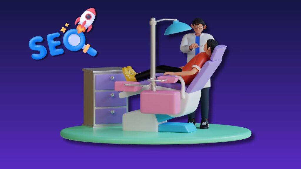 A cartoon dentist treating a patient in a chair with a rocket and "SEO" text, symbolizing search engine optimization for dental practices.