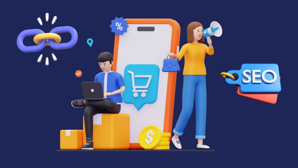 Image showcasing ecommerce SEO, featuring 3D characters with a laptop, shopping cart, and megaphone, surrounded by link, discount, and SEO icons, with packages and coins, emphasizing online shopping and search optimization.
