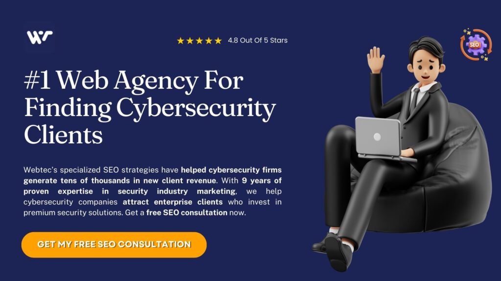 Professional businessman waving while sitting with laptop representing Webtec's cybersecurity SEO services - #1 web agency for finding cybersecurity clients with 4.8 star rating