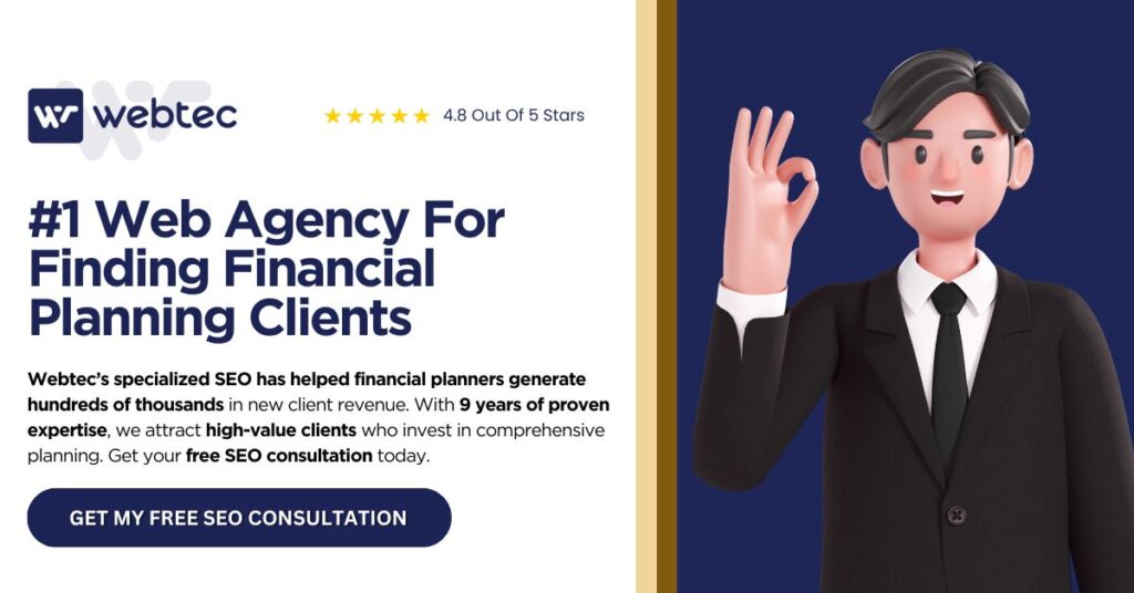 Webtec financial planning client acquisition services with 3D businessman character showing OK gesture and 4.8-star rating for SEO marketing agency