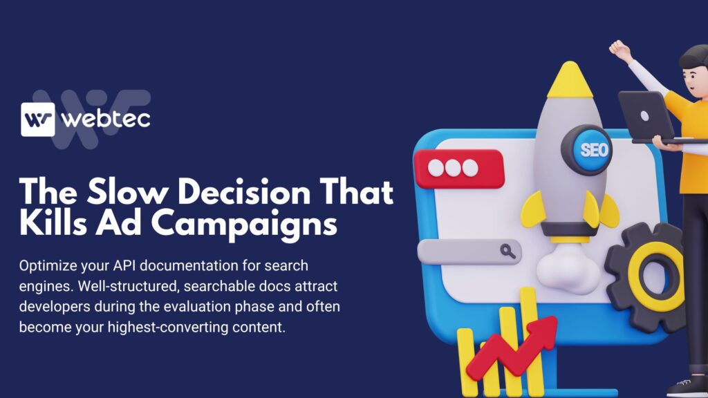 SEO for Fintech: A Full Guide to Lowering CAC and Driving Sustainable Growth 3 Fintech decision cycle illustration with 3D character and SEO analytics showing how slow research phases impact ad campaign effectiveness