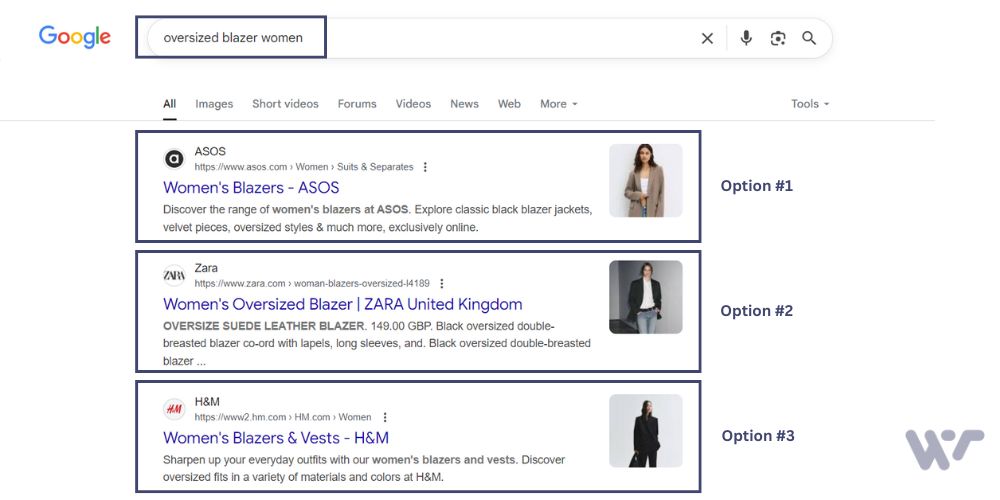 SEO for Fashion Ecommerce: A Full Guide to Drive Sales and Gain Popularity 2 Google search results for 'oversized blazer women' displaying three retailer options including ASOS, Zara, and H&M with product photos.