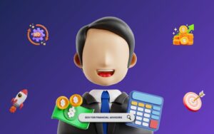 SEO for financial advisors concept illustration with 3D character holding money and calculator surrounded by digital marketing icons