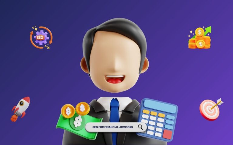 SEO for financial advisors concept illustration with 3D character holding money and calculator surrounded by digital marketing icons
