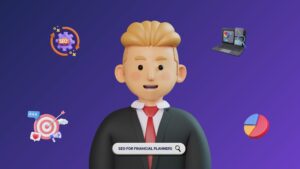SEO for financial planners concept with 3D businessman character surrounded by digital marketing icons and search bar for client acquisition strategies