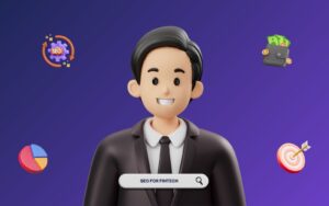 SEO for fintech concept with 3D character surrounded by digital marketing icons and search bar for customer acquisition strategies