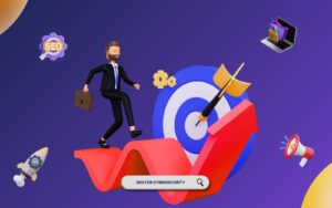 Businessman climbing upward growth chart with SEO and cybersecurity icons, symbolizing SEO for cybersecurity services and higher Google rankings.