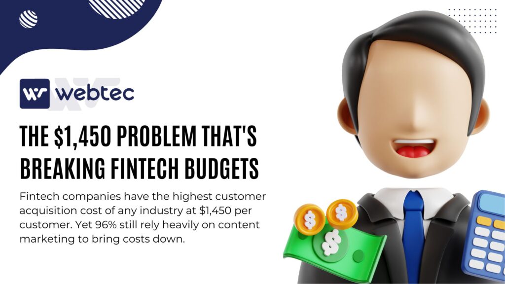 SEO for Fintech: A Full Guide to Lowering CAC and Driving Sustainable Growth 1 Fintech customer acquisition cost problem illustration showing 3D businessman with money and calculator representing $1,450 industry average