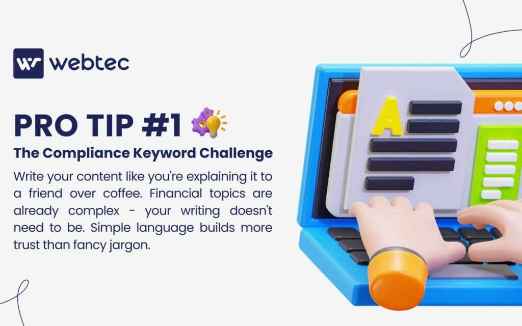 Pro tip illustration for financial advisor content writing showing person typing on laptop with simple language advice for SEO content
