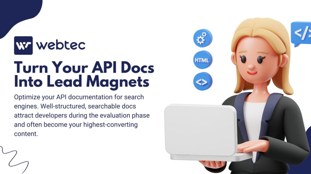 SEO for Fintech: A Full Guide to Lowering CAC and Driving Sustainable Growth 2 API documentation optimization guide with 3D developer character and technical icons for fintech lead generation through SEO