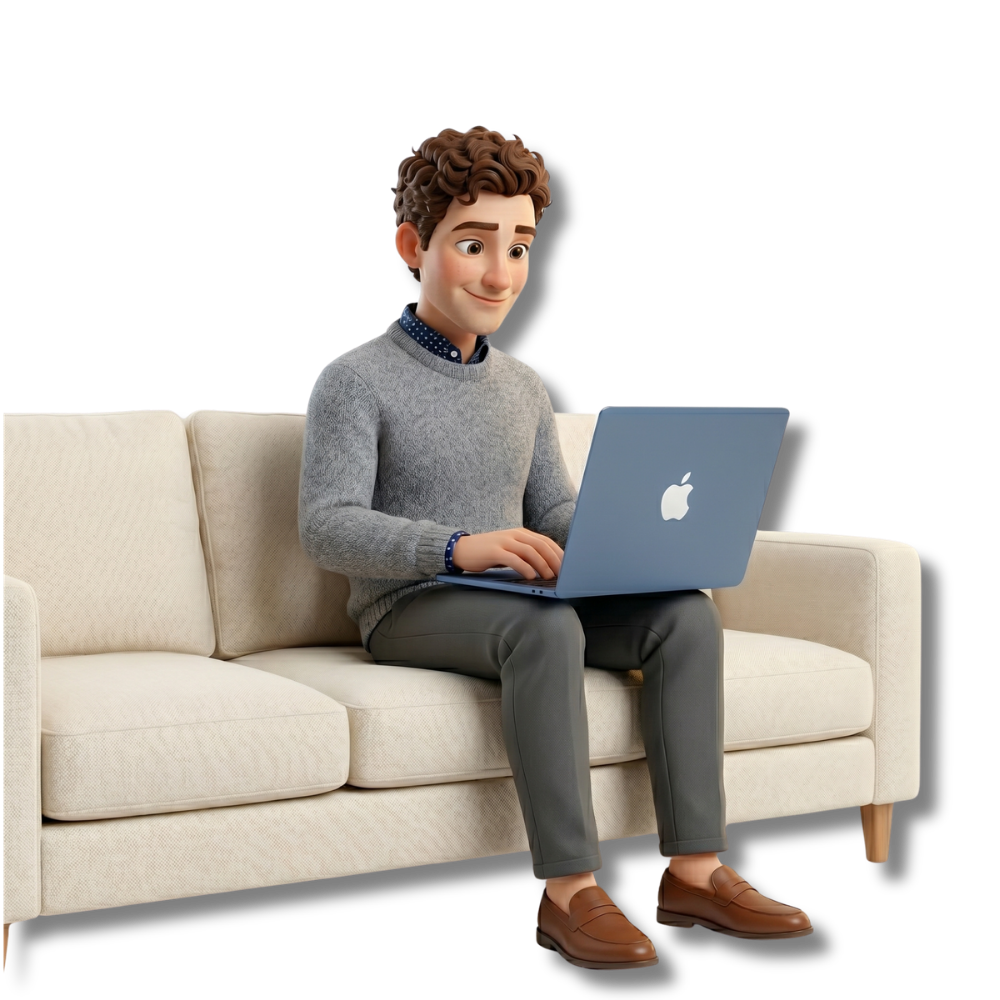 Webtec character holding a labtop working on Website of an accountant website