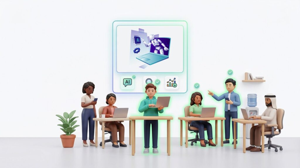 Diverse professional team in modern office collaborating with laptops around glowing AI robot interface. Illustration on how to get your business cited by AI search engines in 2026.