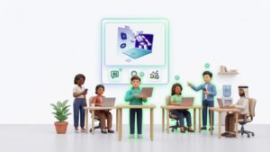 Diverse professional team in modern office collaborating with laptops around glowing AI robot interface. Illustration on how to get your business cited by AI search engines in 2026.