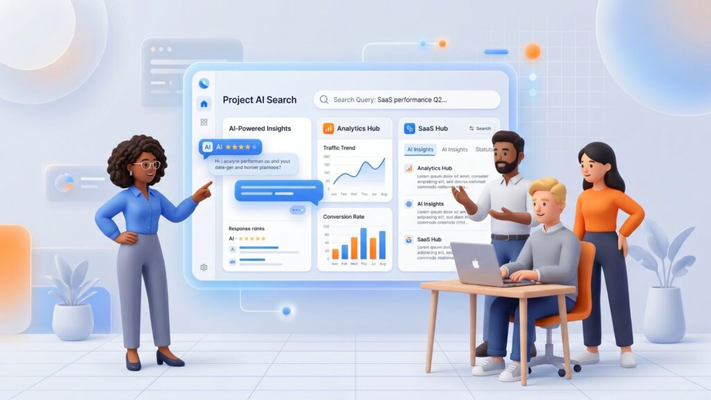 3D bearded man thoughtfully reviewing large Project Onboarding Checklist with completed steps and AI feedback bubbles. Digital illustration for project management onboarding.