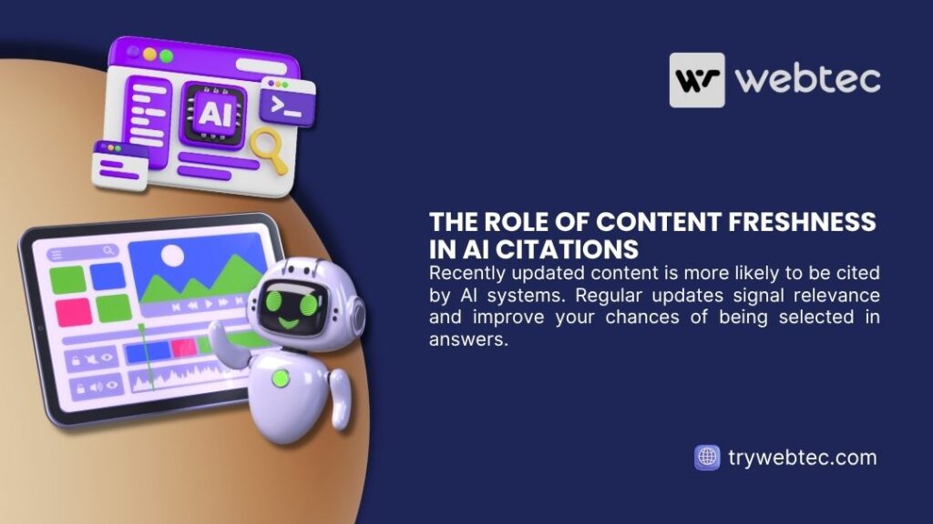 Cartoon robot and digital tablet with AI and content interface graphics, illustrating the role of content freshness in AI citations