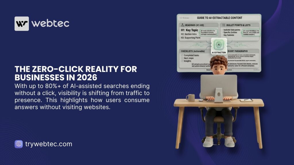 3D character at desk viewing 'Guide to AI-Extractable Content' with headings, bullet points and checklists. Webtec illustration on the zero-click reality for businesses in 2026.