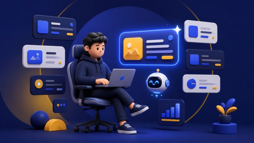 Man in a hoodie working on a laptop surrounded by AI answer engine optimization icons and a small robot in a futuristic digital setting.