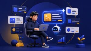 Man in a hoodie working on a laptop surrounded by AI answer engine optimization icons and a small robot in a futuristic digital setting.