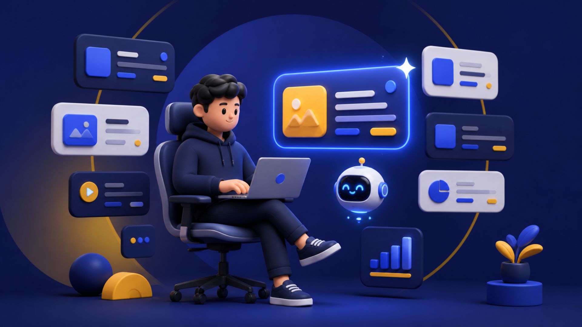 Man in a hoodie working on a laptop surrounded by AI answer engine optimization icons and a small robot in a futuristic digital setting.