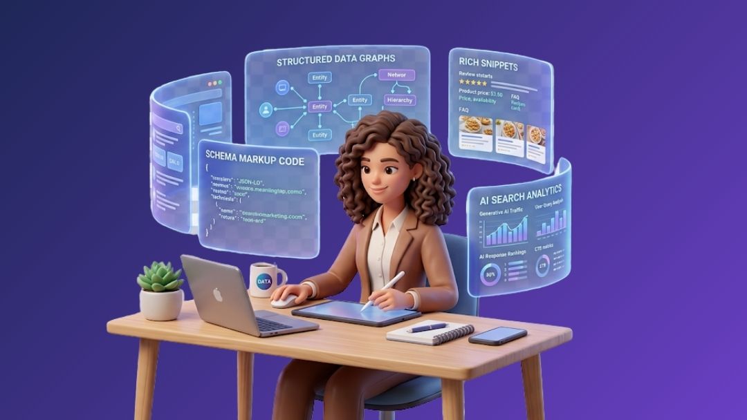 health and wellness website redesign 69 3D professional at desk with holographic displays showing schema markup code, structured data graphs, rich snippets, and AI search analytics. Full guide on what is schema markup and how it helps AI search.