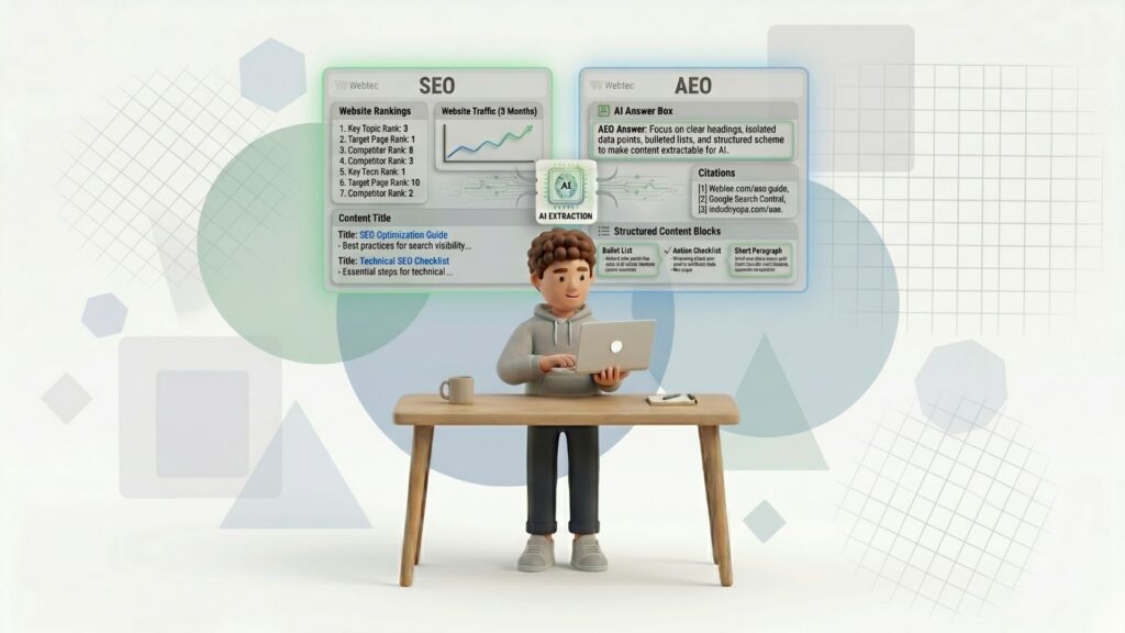 3D character at desk with laptop comparing SEO vs AEO panels: website rankings & traffic (SEO) versus AI answer boxes, citations & structured content (AEO). Practical guide 2026.