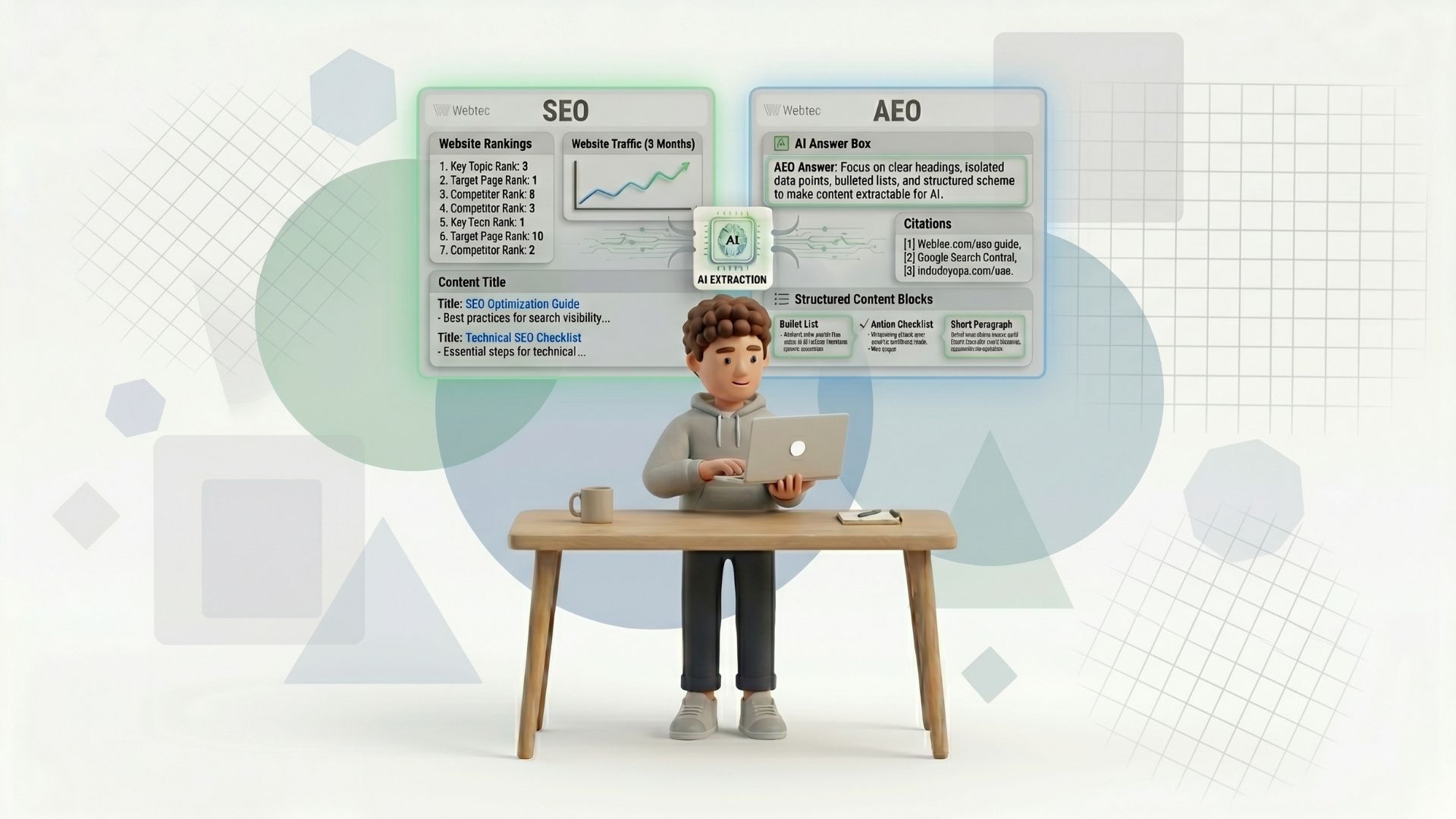 3D character at desk with laptop comparing SEO vs AEO panels: website rankings & traffic (SEO) versus AI answer boxes, citations & structured content (AEO). Practical guide 2026.
