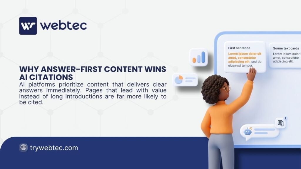 3D character placing 'First sentence' content card on digital interface. Webtec illustration explaining why answer-first content wins AI citations by delivering immediate value.