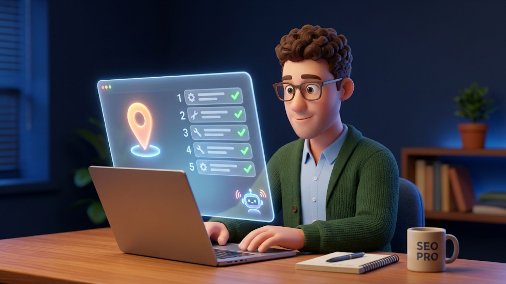 Animated man at desk working on laptop with holographic AEO checklist and AI location interface, with headline "How to Do AEO for a Local Business: 5 Practical Steps to Get Recommended in AI Search".