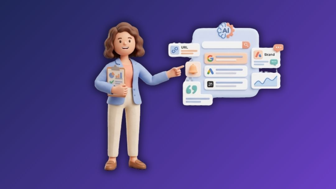 Animated woman pointing at AI tracking interface with brand, URL, and search icons, with headline "How to Track If AI Engines Are Mentioning My Brand: 5 Practical Ways to Measure Your AI Visibility".
