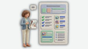 coaching website redesign 72 3D animated woman holding chart document beside large stylized webpage layout with icons and checklists, illustrating "How to Write Content That AI Overviews Will Cite".
