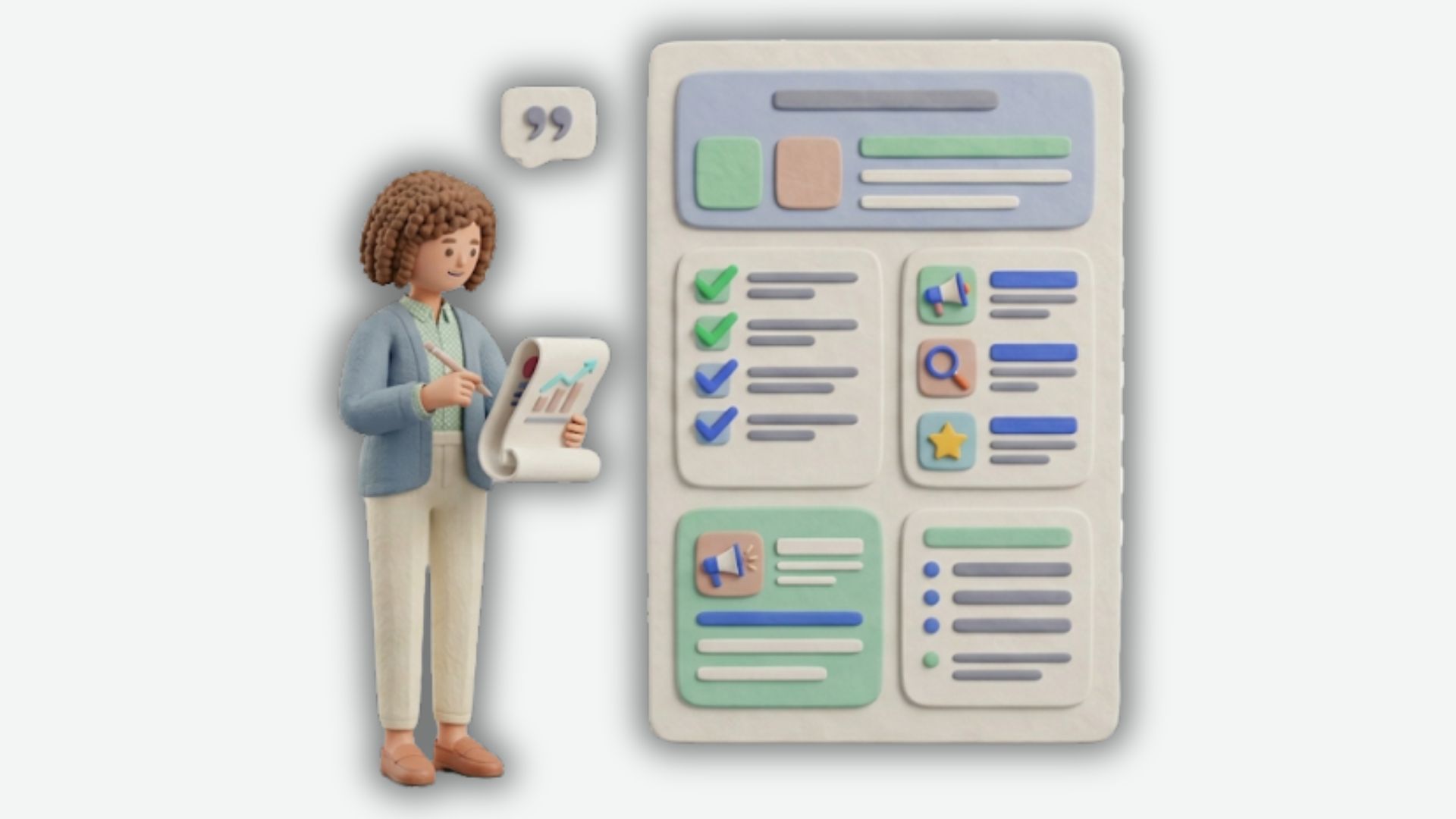 3D animated woman holding chart document beside large stylized webpage layout with icons and checklists, illustrating "How to Write Content That AI Overviews Will Cite".