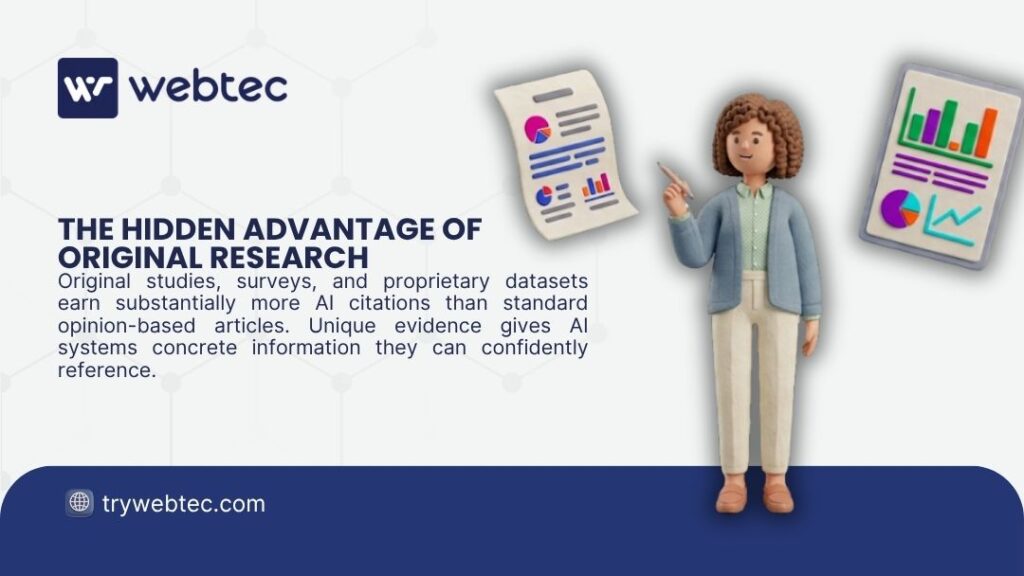 How to Write Content That AI Overviews -Will Cite 3 3D animated woman pointing at research documents and charts, with headline "The Hidden Advantage of Original Research" by webtec.