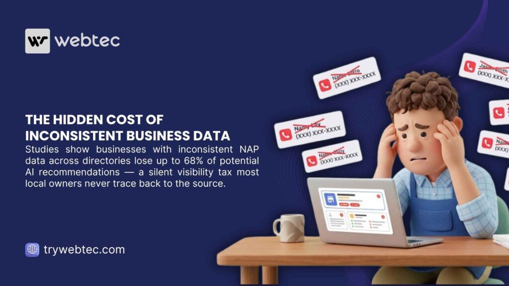 How to Do AEO for a Local Business: 5 Practical Steps to Get Recommended in AI Search 1 Stressed 3D animated man at laptop surrounded by inconsistent business contact labels, with headline "The Hidden Cost of Inconsistent Business Data" by webtec.