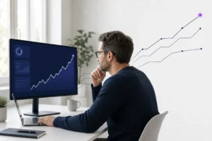 Marketing lead at a bright desk reviewing a rising analytics chart with a single violet cursor marker