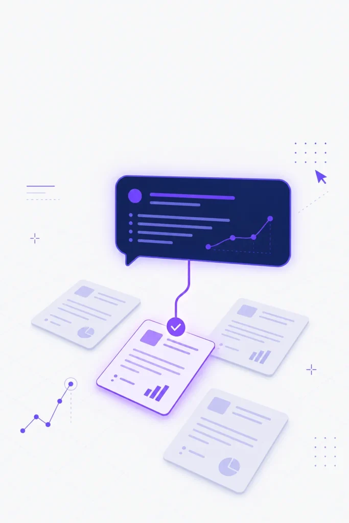 Illustration of an AI answer engine selecting a single trusted source document, highlighted in violet