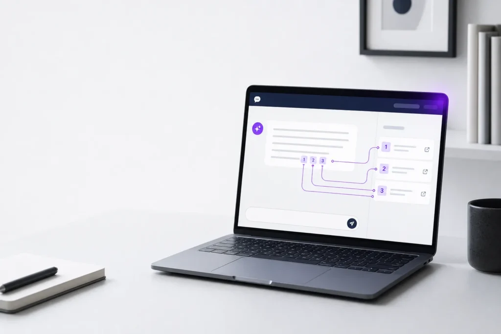 Laptop on a bright minimalist desk showing an AI answer with highlighted numbered citation links and violet data-line overlays