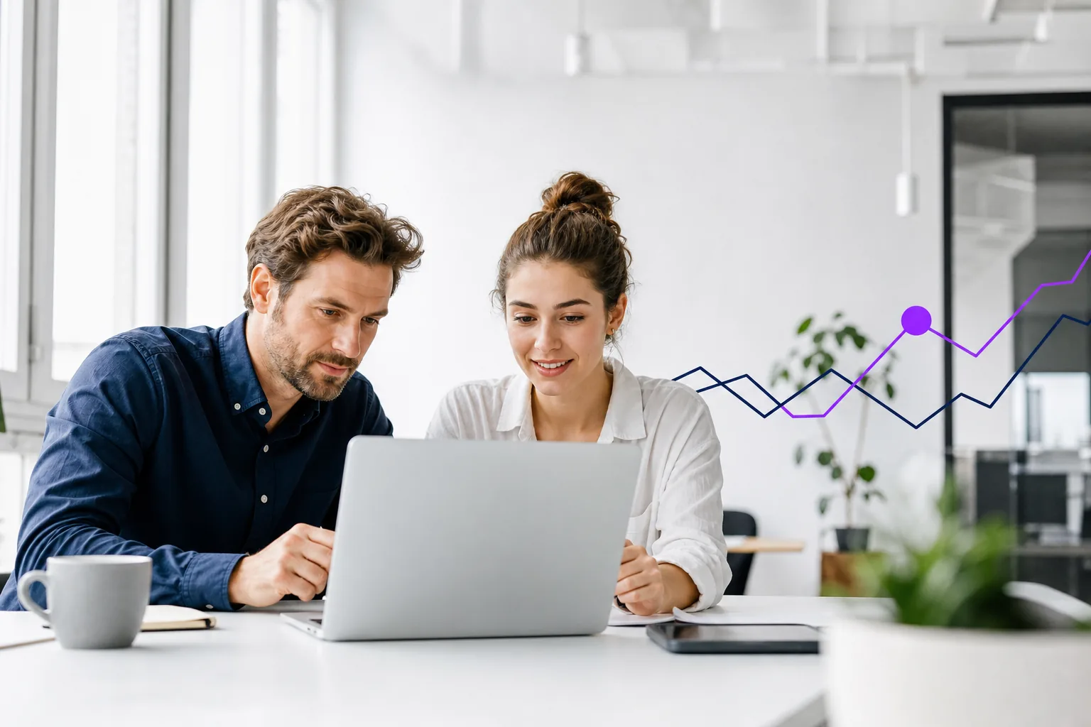 Webtec: Data-Driven Web Design & SEO in Stockholm 4 A marketing manager and SEO specialist collaborating over a laptop with a subtle violet rising-metric overlay