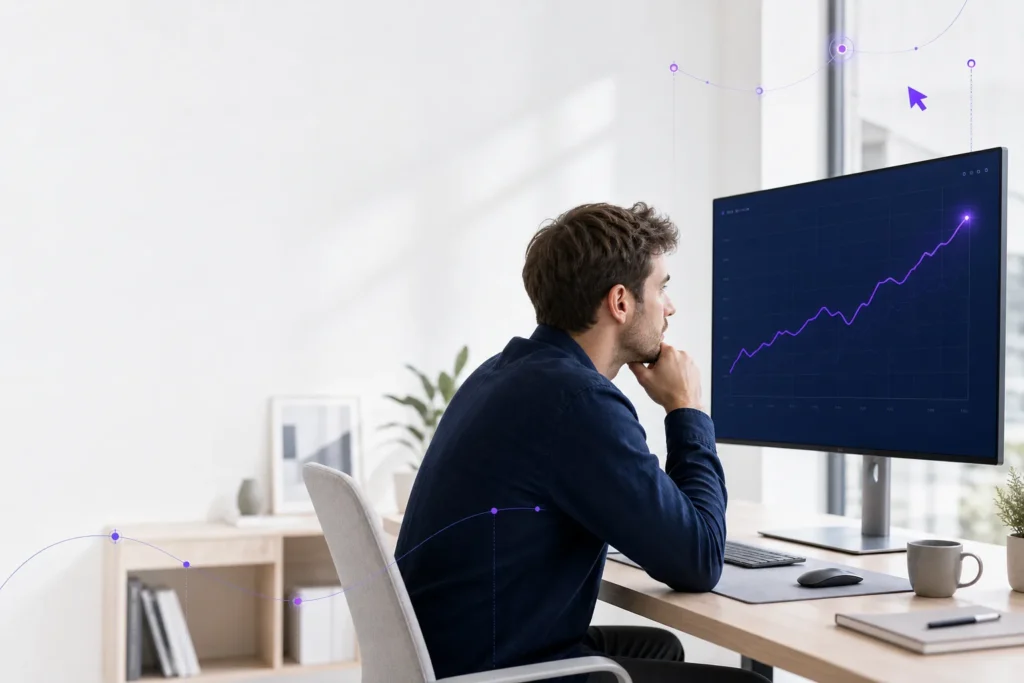 SEO specialist studying a rising keyword-ranking graph with a violet trend line on a monitor in a bright Nordic studio