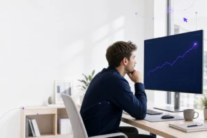 construction company website redesign 70 SEO specialist studying a rising keyword-ranking graph with a violet trend line on a monitor in a bright Nordic studio
