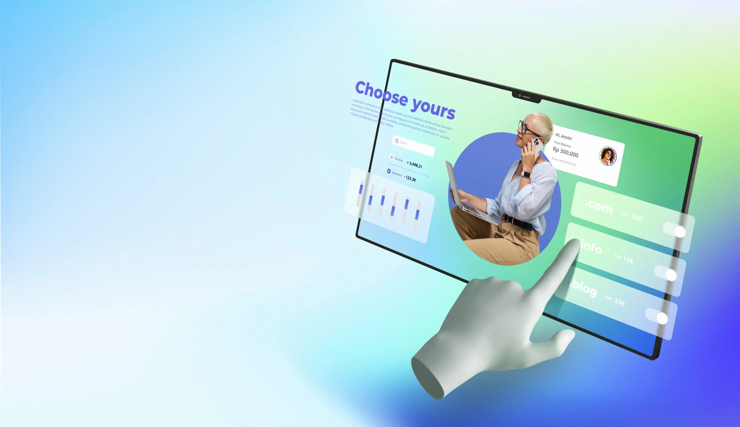 3D illustration of a hand touching a tablet screen showing domain options, a woman on a phone, and charts